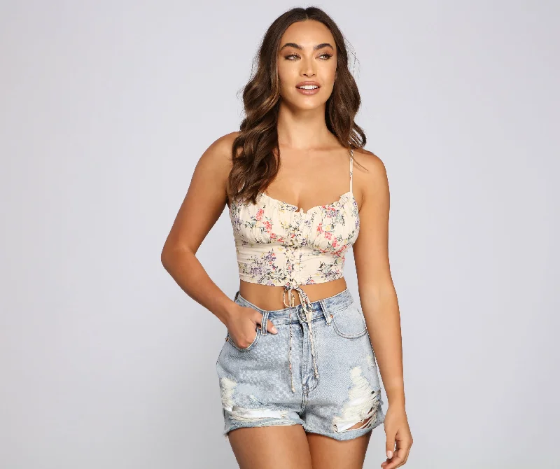 On My Radar Floral Lace Up Crop Top Zippered Buttoned Snapped