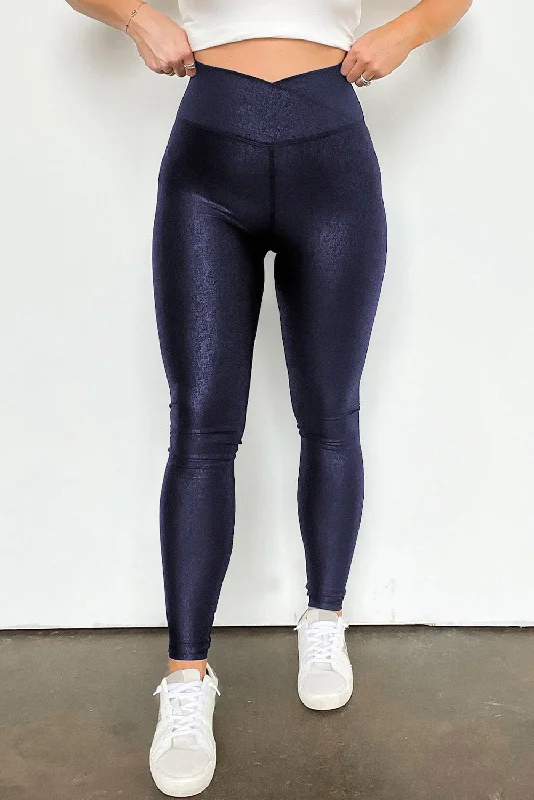 Navy Blue Crossed Dip Waist Sleek Leather Leggings Cozy Sweat-Wicking Leggings