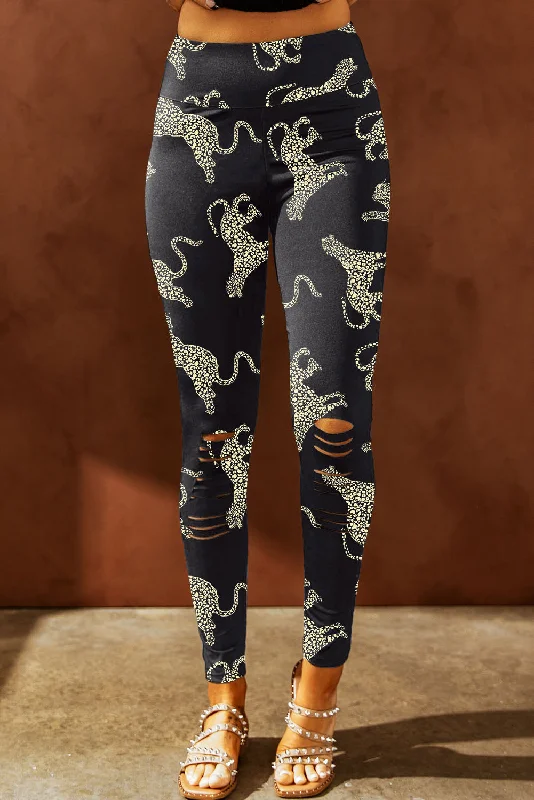 Black Printed High Rise Cheetah Print Ripped Leggings Elegant Black Leggings