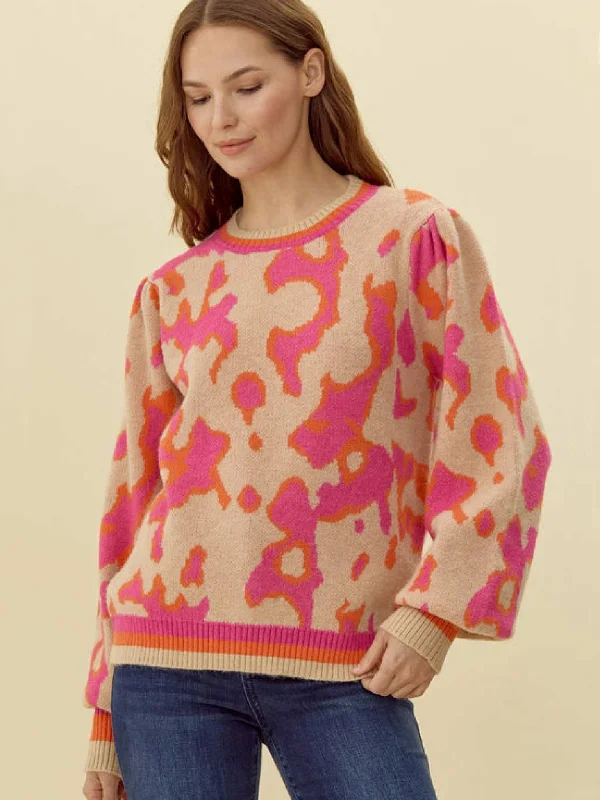 Printed Knit Pullover Sweater Slouchy Comfort Pullover