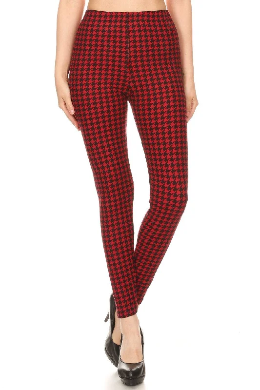 Hounds Tooth Print, High Rise, Fitted Leggings, With An Elastic Waistband Fashionable Lacy Detail Leggings