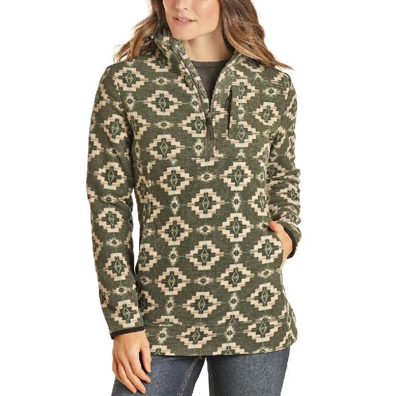 Powder River Outfitters Ladies 1/4 Zip Olive Aztec Pullover 51-1041-31 Open Front Cardigan Powder River Outfitters Ladies 1/4 Zip Olive Aztec Pullover 51-1041-31 Open Front Cardigan