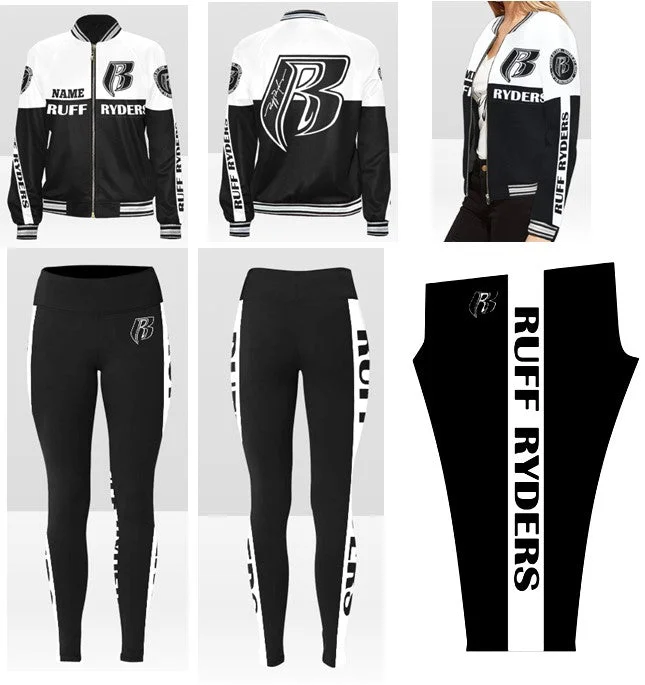 RR Custom Name Varsity Style Jacket and Matching Leggings Set Blk/Wht Stylish Sporty Performance Leggings