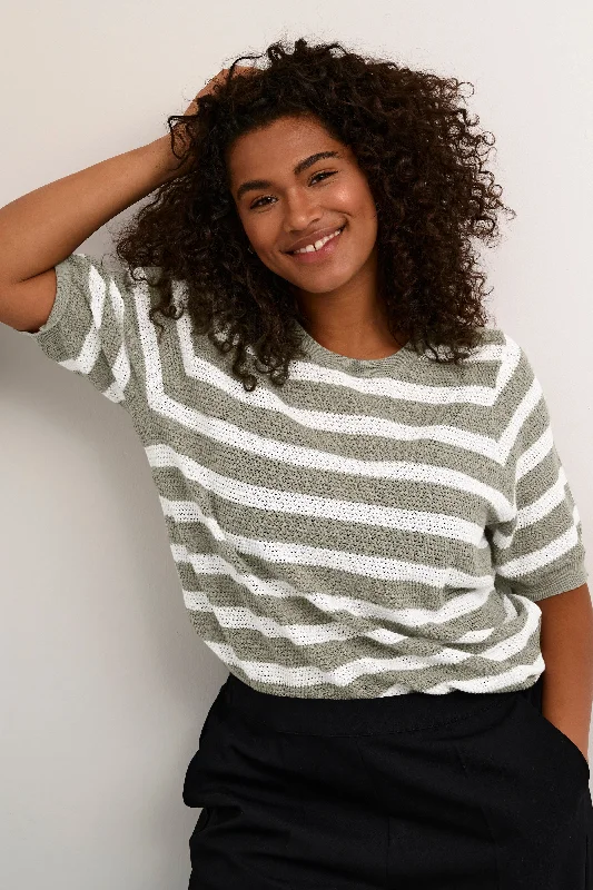 gebreide pullover met strepen in wit en taupe Ribbed Crew Neck