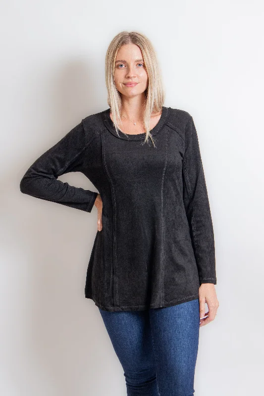 Black Luxe Sueded Pullover Gathered Sleeve Pullover