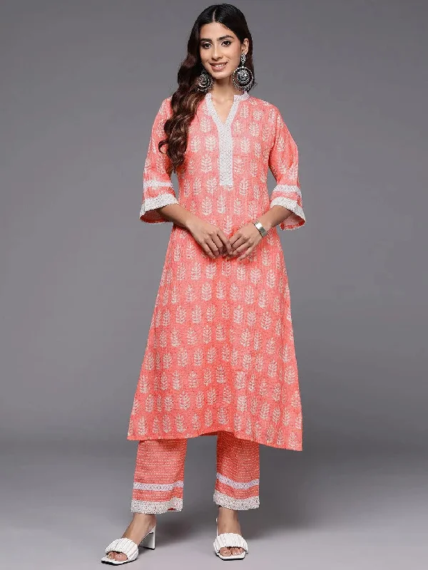 Peach Printed Cotton Blend A-Line Kurta With Trousers Trousers Bestseller Popular