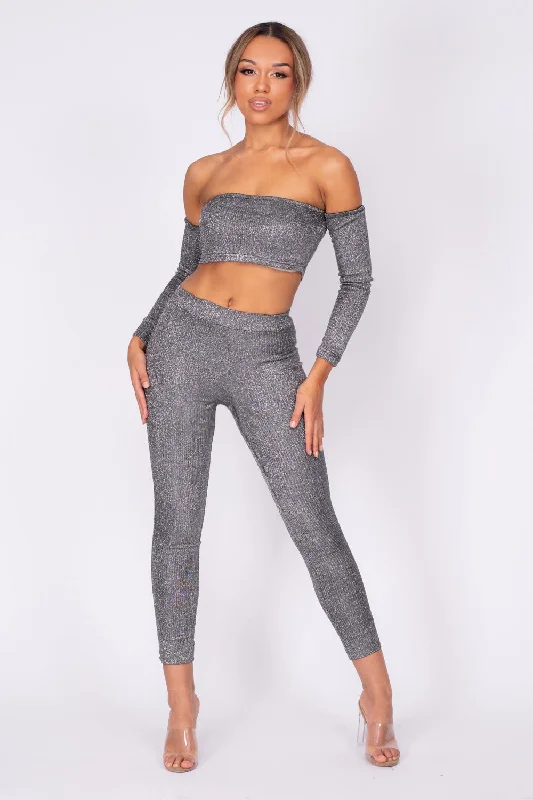 Havana Black Silver Metallic Glitter Two Piece Leggings Co-ord Set Elegant Full-Body Leggings