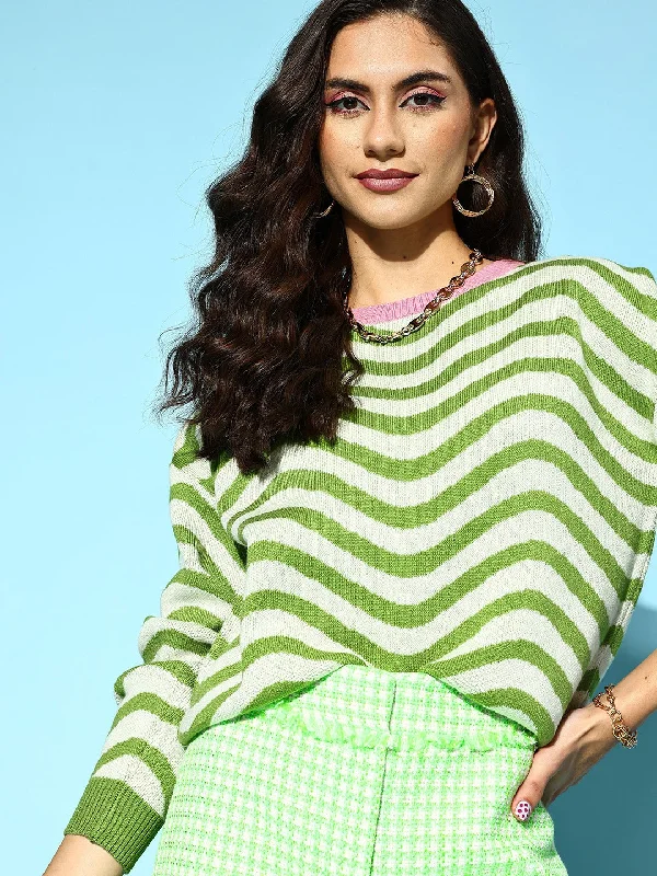 Berrylush Women Green & White Striped Pattern Round Neck Drop-Shoulder Sleeve Ribbed Hem Regular Pullover Long Bell Sleeve
