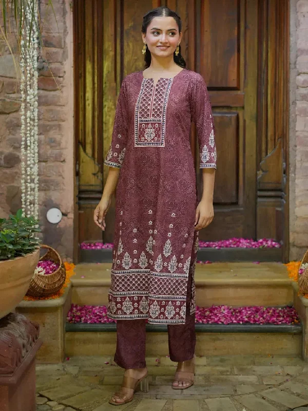 Brown Printed Poly Crepe Straight Kurta With Trousers Trousers Handmade Artisanal