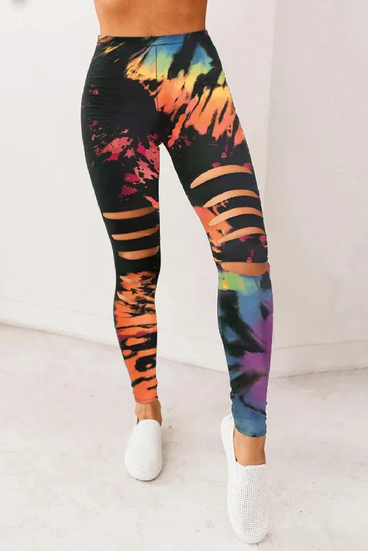 Multicolor Tie Dye Hollow Out Fitness Activewear Leggings Comfortable Athletic Tights