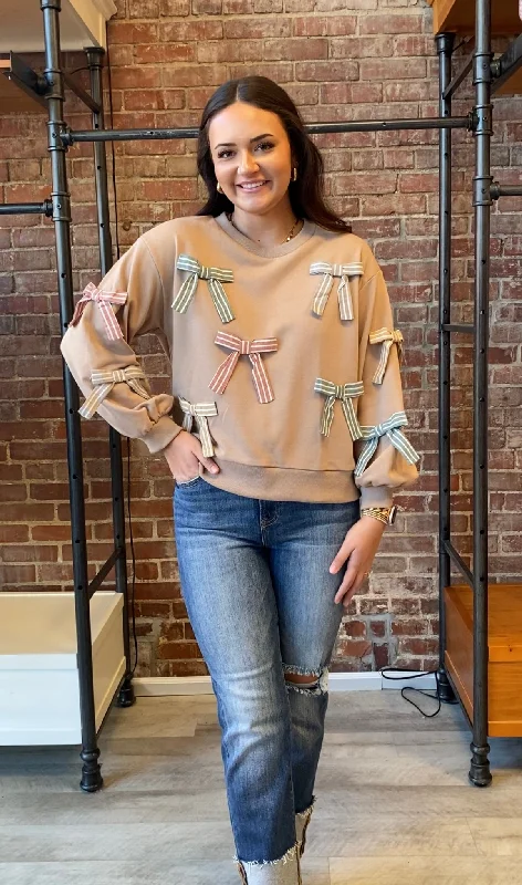 3D Bow Pullover | Light Mocha Deep Neck Pullover