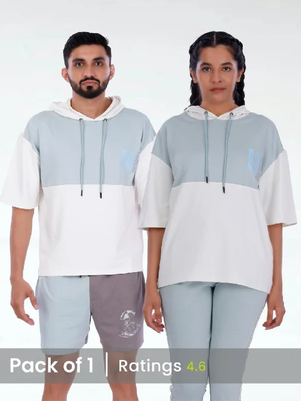 Unisex Blue & White Colourblock Half Sleeve Sweatshirt Hoodie with Emblem Brand Identity