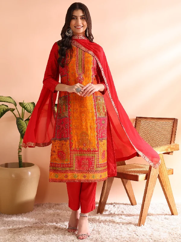 Women's Red Chanderi Silk Ethnic Motifs Woven Design Straight Kurta Trousers With Dupatta - Ahika Trousers Recommended Stylist Women's Red Chanderi Silk Ethnic Motifs Woven Design Straight Kurta Trousers With Dupatta - Ahika Trousers Recommended Stylist
