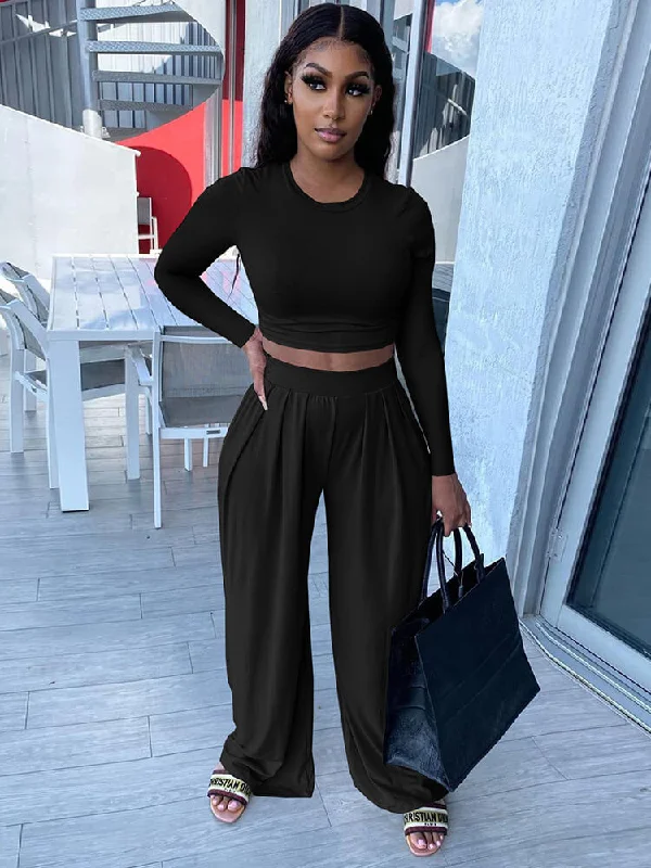 Two Piece Long Sleeve Crop Top Wide Leg Pant Sets Hooded Caped Shawl Collar