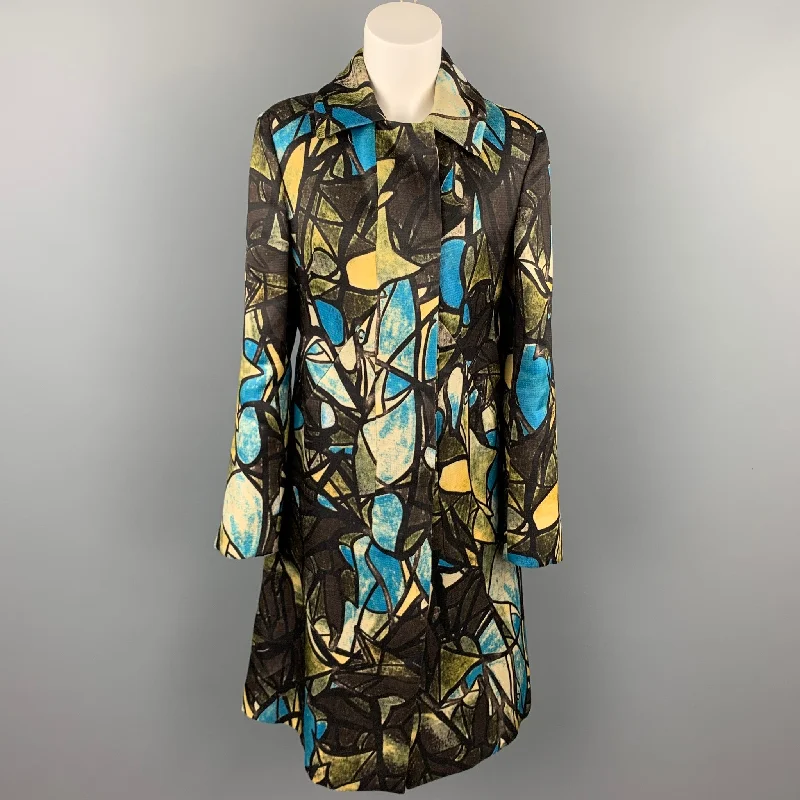 MARNI Size 6 Brown & Blue Print Silk / Wool Buttoned Coat Turtleneck Wrap Cape
