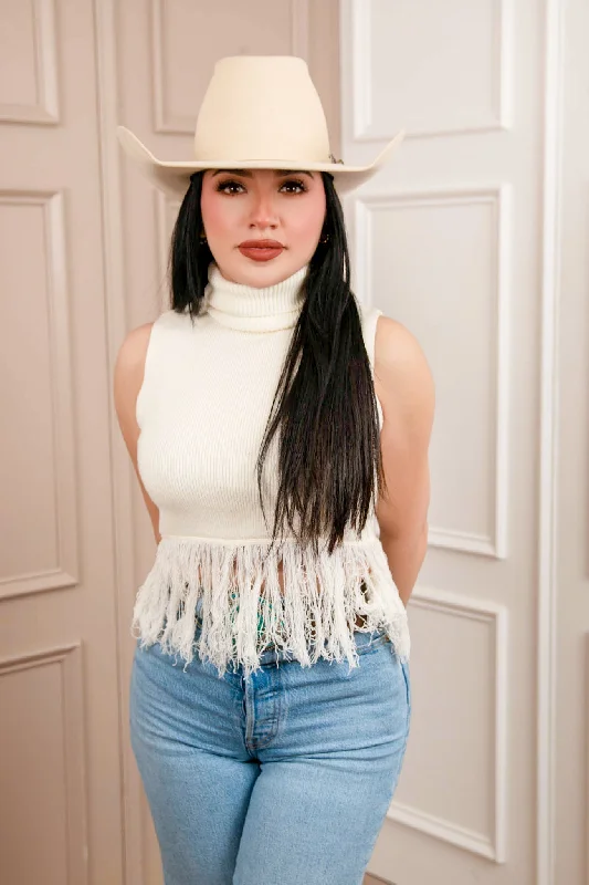 Knitted Fringe High Neck Crop Top JJ Lace Blend Ribbed Blend Corduroy Blend