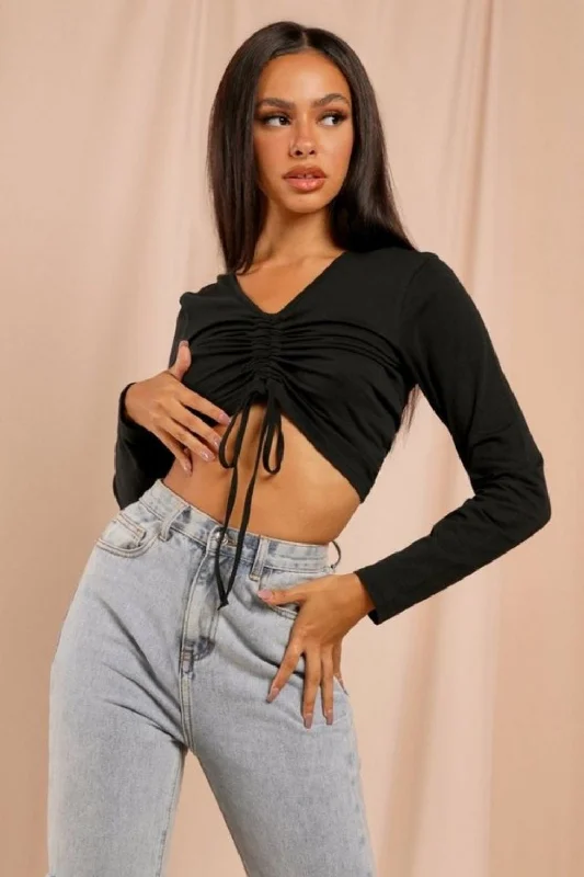 Drawstring At The Front Long Sleeve Crop Top Graphic Embroidered Appliqued