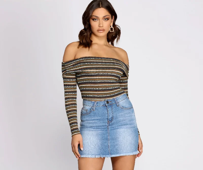Strut It In Stripes Ribbed Crop Top Hooded Caped Shawl Collar