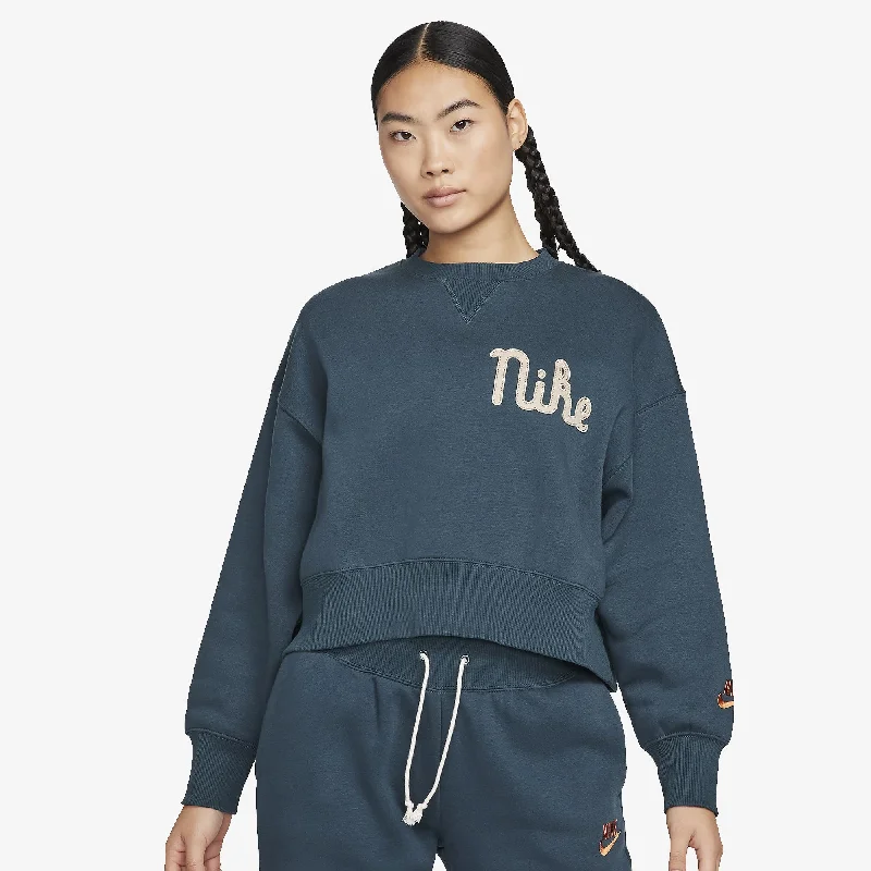 Nike | WMN'S CREW-NECK FLEECE SWEATSHIRT  { DEEP JUNGLE/KHAKI/CAMPFIRE ORANGE Hoodie with Elastic Cuffs Stretchable Comfortable