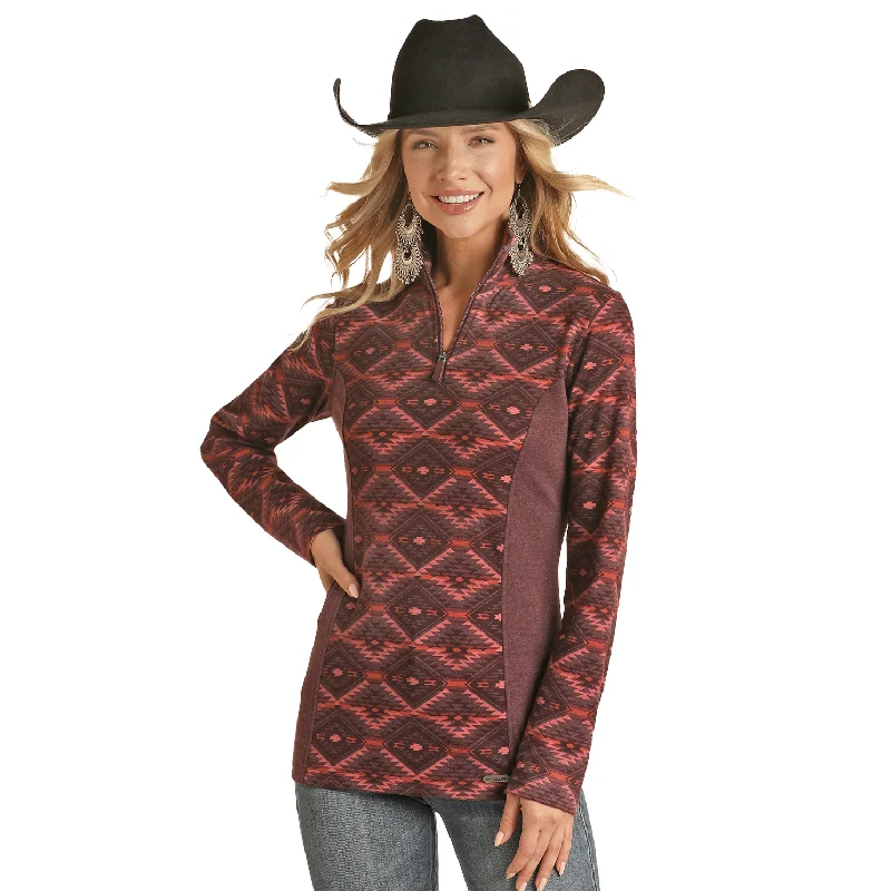 Powder River Ladies Burgundy Aztec Knit Henley Pullover PRWO91RZXR-62 Thick Cable Knit