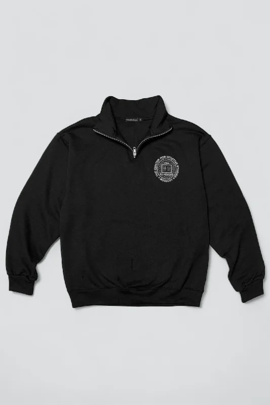The Center For Intuitive Studies Circle Logo Quarter Zip Sweatshirt - Black Hoodie with Hem Raw Edge Edgy Unfinished