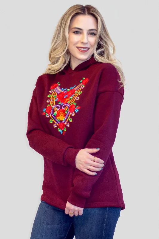 Halina Embroidered Wine Hoodie Hoodie with Lining Warm Insulated