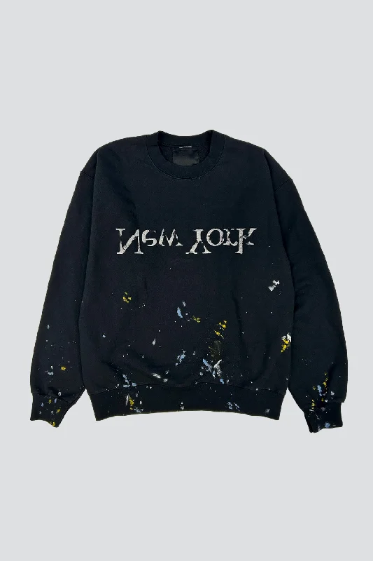 Black Painted Vintage New York Logo Sweatshirt Hoodie with Lace Feminine Delicate