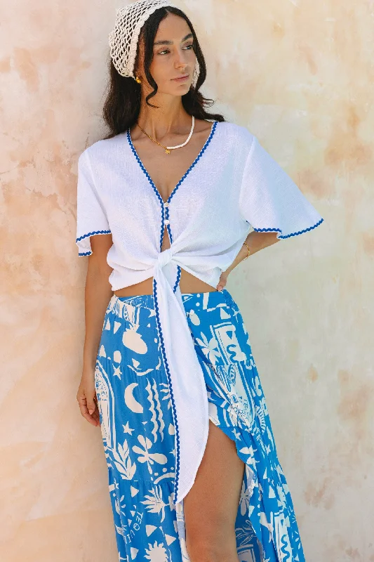 Francesca White Blue Ric Rac Crop Top Asymmetrical Pockets Print