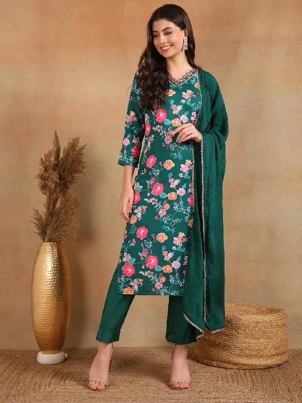 Women's Green Polyester Floral Printed Straight Kurta Trousers With Dupatta - Ahika Trousers Solid Black Women's Green Polyester Floral Printed Straight Kurta Trousers With Dupatta - Ahika Trousers Solid Black