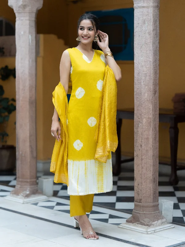 Women's Shibori Printed Straight Kurta & Solid Trouser With Dupatta - Aspora Trousers Elastic Waist Soft