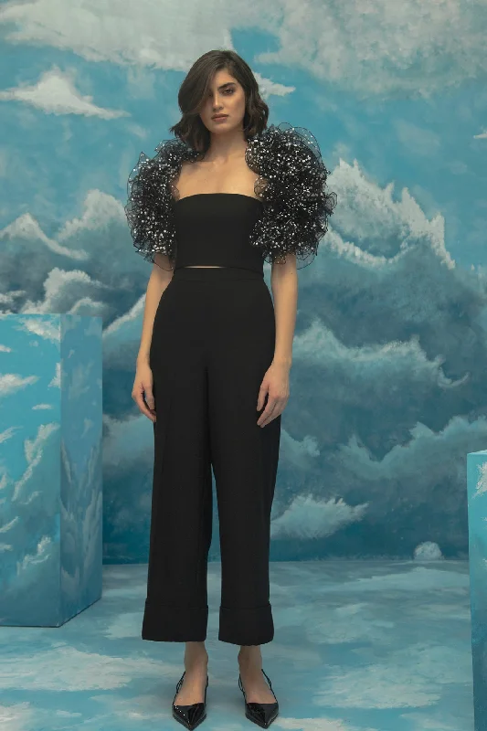 Ruffled bolero with crop top and pants Mesh Blend Leather Blend Suede Blend