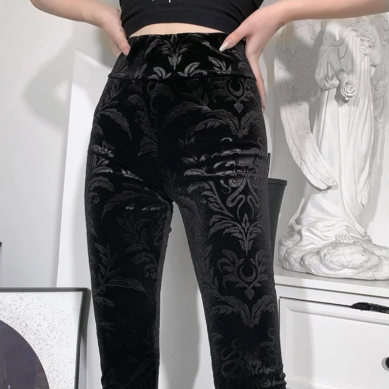 Gothic Velvet Black Leggings High Waist Pants Stylish Faux Leather Leggings