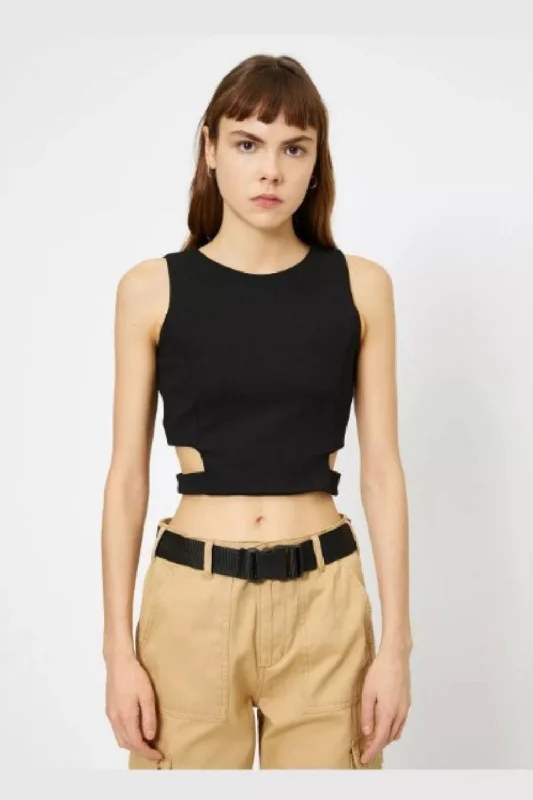 Black Side Cut Out Sleeveless Crop Top Boxy Fit Fitted Loose