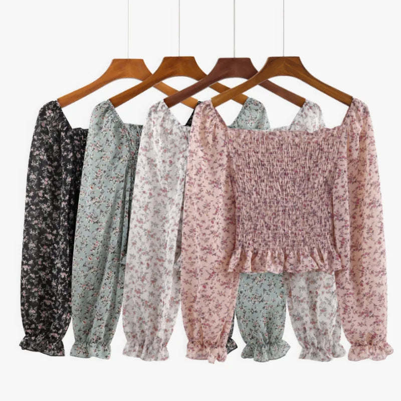 Spring Summer Floral Tops Women Square Collar Folds Long-Sleeved Chiffon Shirt Casual Fashion Sweet Short Pullover Blouse Bell Sleeve Stylish Spring Summer Floral Tops Women Square Collar Folds Long-Sleeved Chiffon Shirt Casual Fashion Sweet Short Pullover Blouse Bell Sleeve Stylish