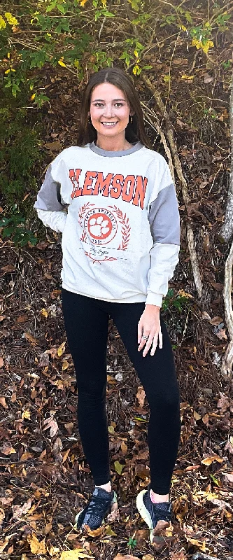 Gameday Couture Clemson Drop Shoulder Womens Pullover (White/Grey) Mock Neck Pullover