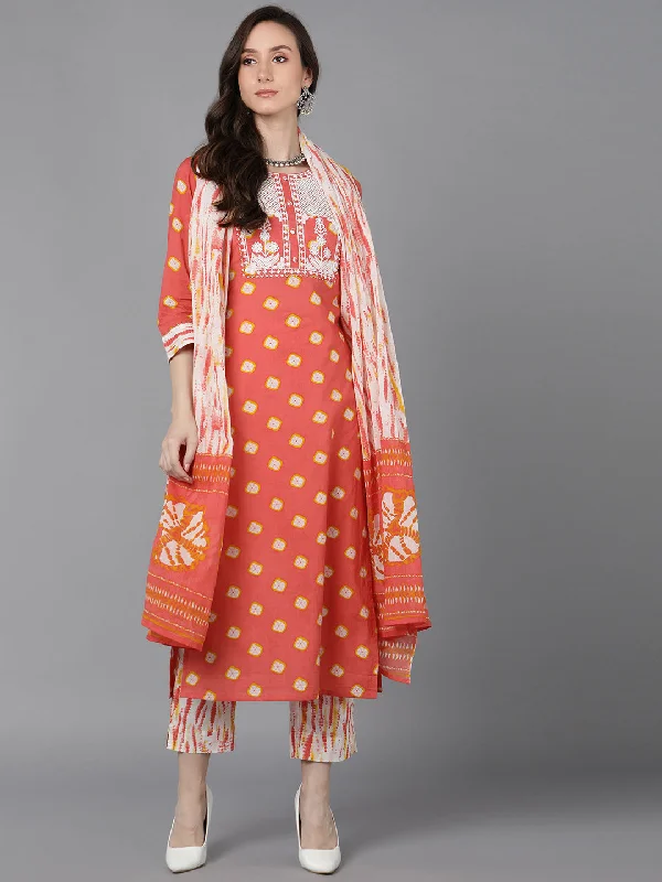 Women's Orange Rayon Blend Bandhani Embroidered Straight Kurta Trousers With Dupatta - Ahika Trousers Fleece Cozy Women's Orange Rayon Blend Bandhani Embroidered Straight Kurta Trousers With Dupatta - Ahika Trousers Fleece Cozy
