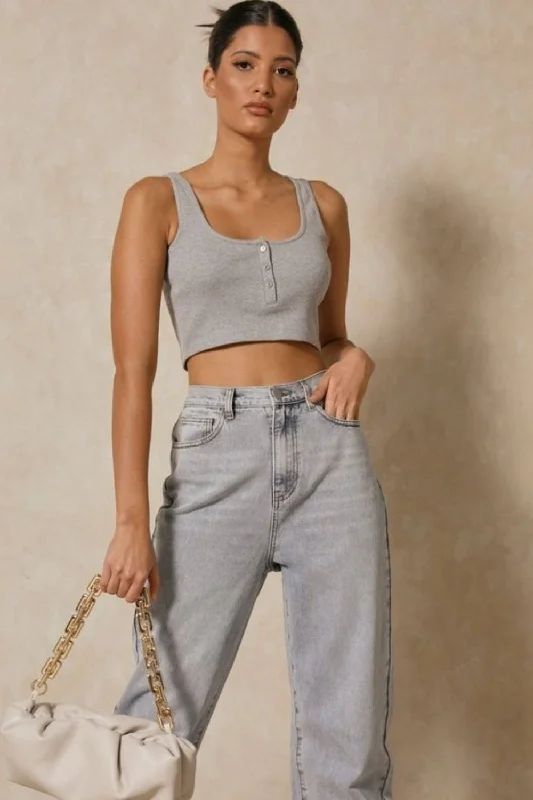 Grey Scoop Neck Jersey Crop Top Terry Blend Velvet Blend Canvas Blend