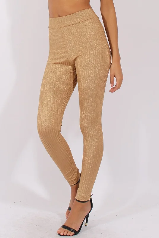 Gold Metallic Ribbed High Waisted Leggings - Yasmin Trendy Activewear Leggings