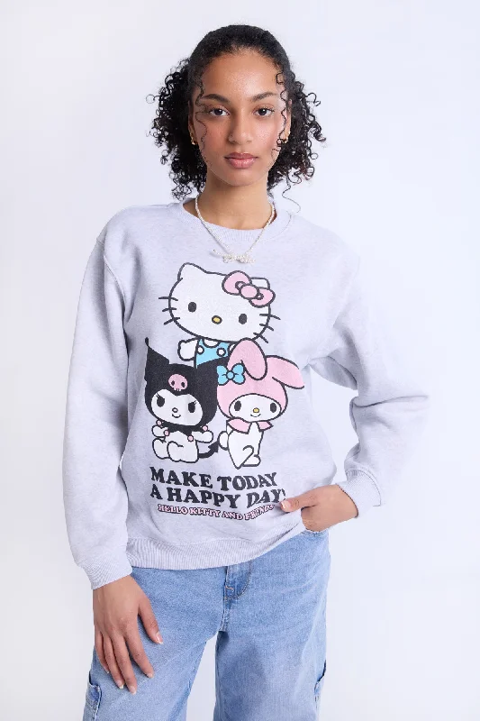Hello Kitty And Friends Graphic Crew Neck Sweatshirt Hoodie with Zipper Placket Modern Functional
