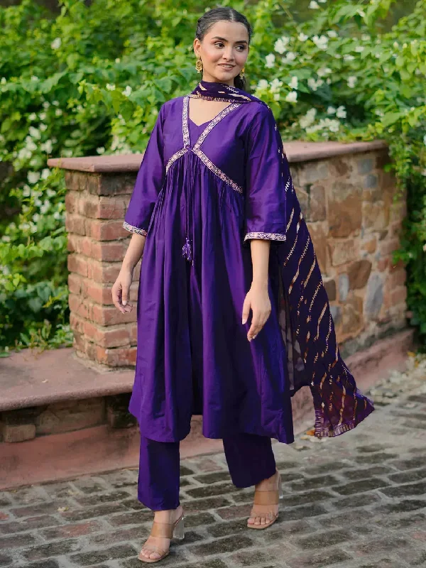 Purple Solid Silk Blend A-Line Kurta With Trousers & Dupatta Trousers Running Lightweight