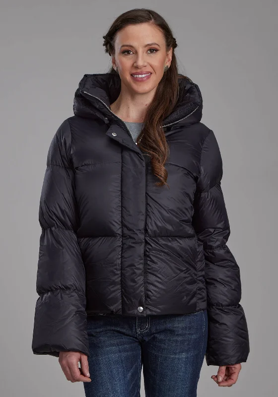 2165 BLACK NYLON DOWN PUFFER COAT Tie-Waist Belted Drawstring