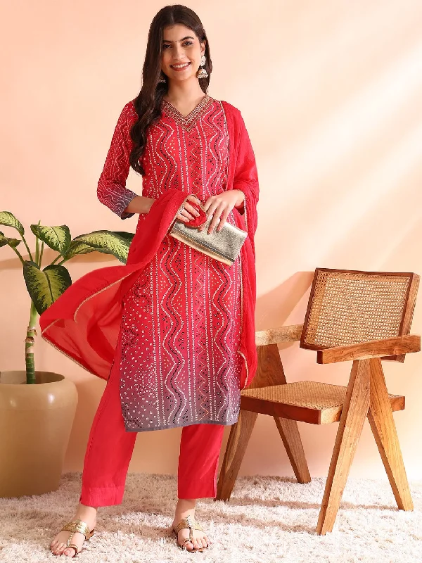 Women's Red Silk Blend Bandhani Printed Straight Kurta Trousers With Dupatta - Ahika Trousers Gym Athletic Women's Red Silk Blend Bandhani Printed Straight Kurta Trousers With Dupatta - Ahika Trousers Gym Athletic