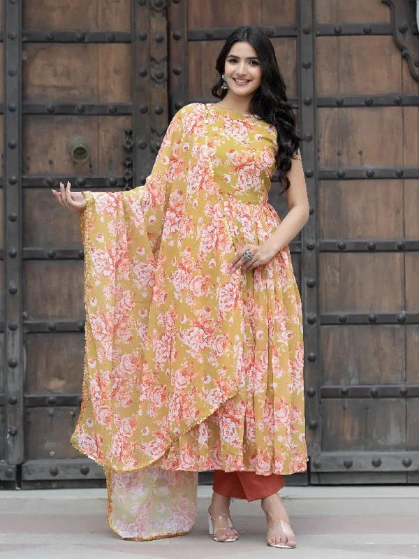 Women's Floral Printed Georgette Sleeveless Anarkali Kurta With Trouser & Dupatta - Aspora Trousers Travel Practical