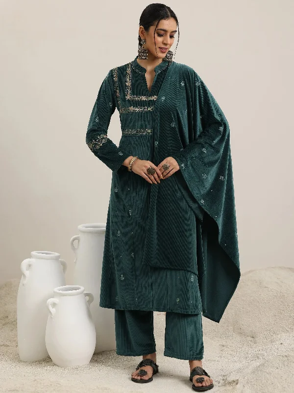 Green Embroidered Velvet A-Line Kurta With Trousers & Dupatta Trousers Formal Black