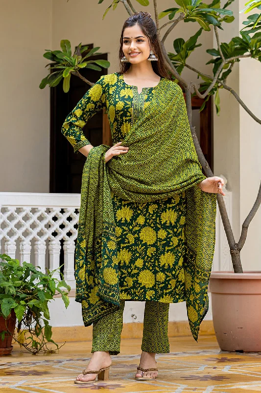 Women's Green Rayon Blend Floral Printed Straight Kurta Trouser With Dupatta - Ahika Trousers Vintage Classic Women's Green Rayon Blend Floral Printed Straight Kurta Trouser With Dupatta - Ahika Trousers Vintage Classic