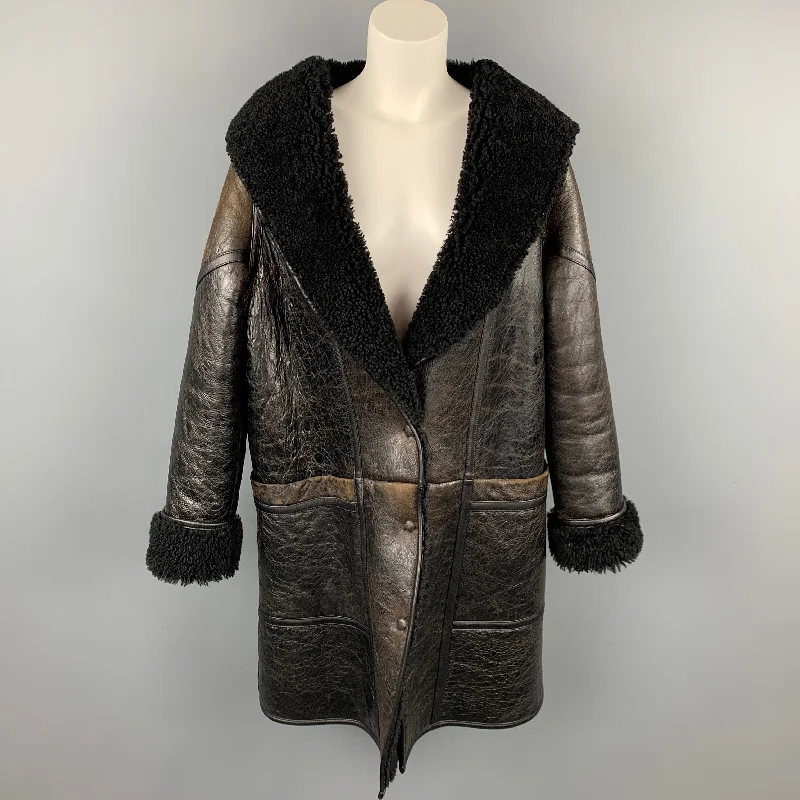 GOLDEN GOOSE Size S Dark Brown Crackled Leather Shearling Hooded Oversized Coat Turtleneck Wrap Cape