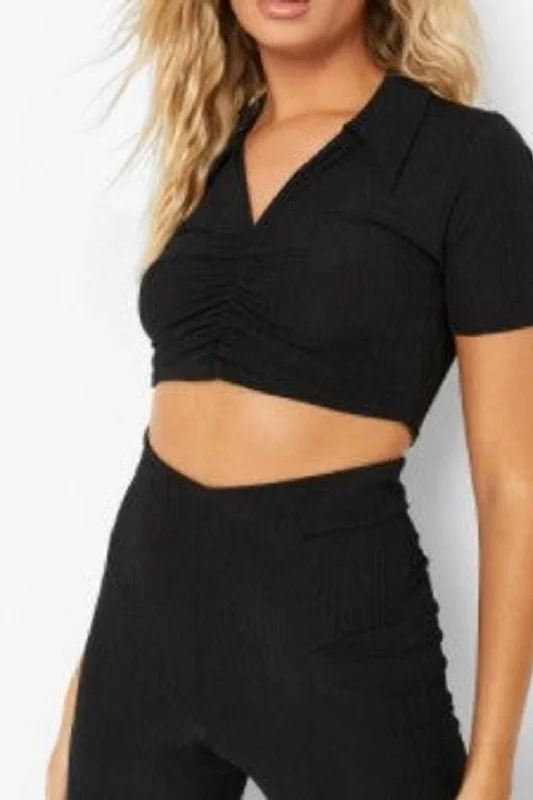 Black Slinky Poly Ruched Crop Top Knit Fabric Woven Fabric Fleece Fabric