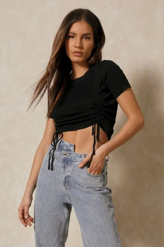 Drawstring Hem Black Crop Top Silk Blend Satin Velvet