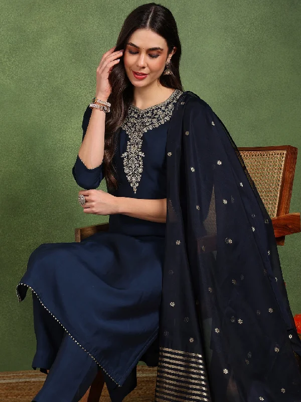 Women's Navy Blue Silk Blend Solid Embroidered Straight Kurta Trouser With Dupatta - Ahika Trousers Seasonal Trendy Women's Navy Blue Silk Blend Solid Embroidered Straight Kurta Trouser With Dupatta - Ahika Trousers Seasonal Trendy