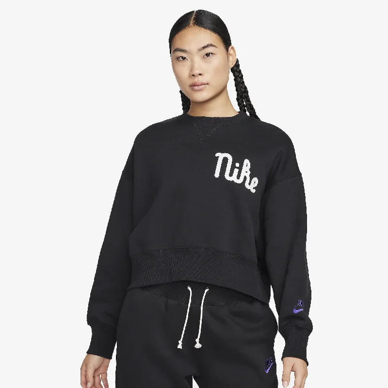 Nike | WMN'S CREW-NECK FLEECE SWEATSHIRT  { BLACK/SAIL/FIELD PURPLE Hoodie with Ribbed Neckline Snug Warm